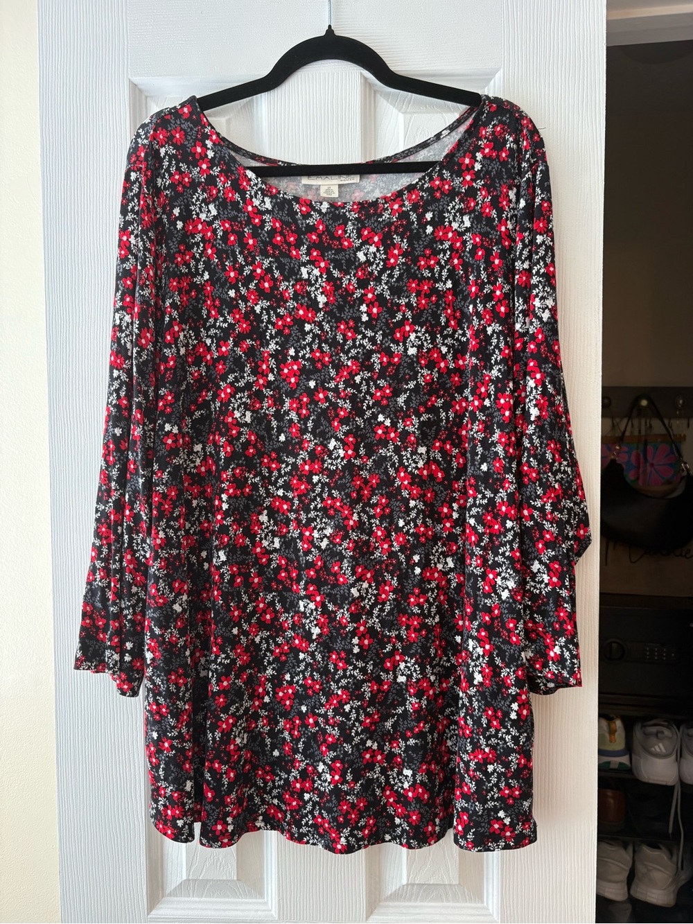 Black Long Sleeve Floral Tee with Red & White Print